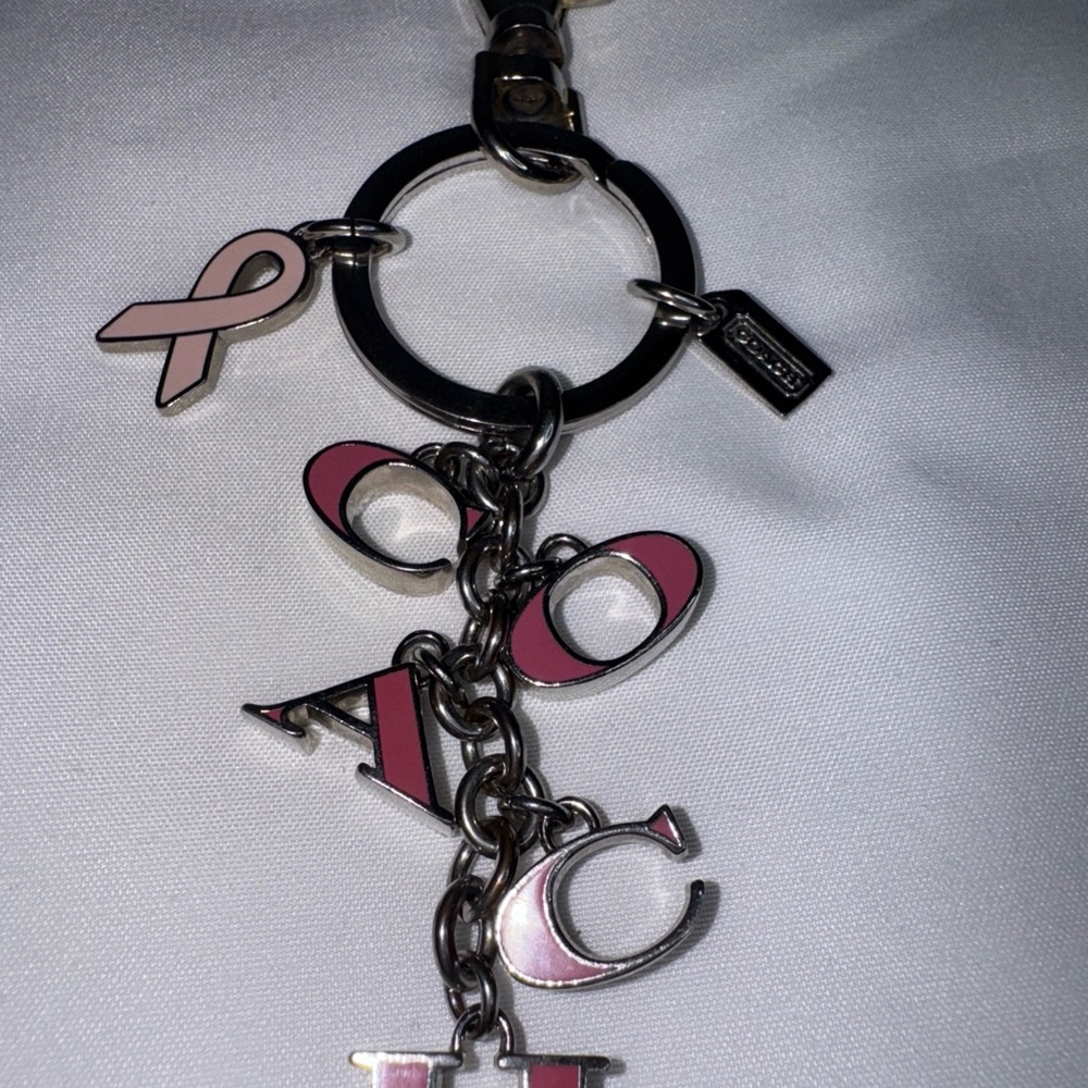 Coach Pink Ribbon Pink Enamel Letters Keychain Lobster Claw Silver 5 “